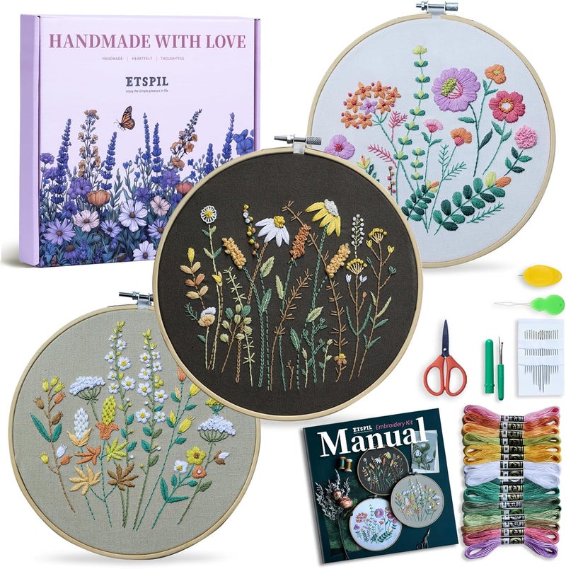 ETSPIL 3 Pack Beginner Embroidery Kits for Adults, DIY Starter Set with Stamped Flower Designs, Embroidery Hoop, Colorful Threads, Tools, Step-by-Step Instructions & Video Tutorial - Image 1